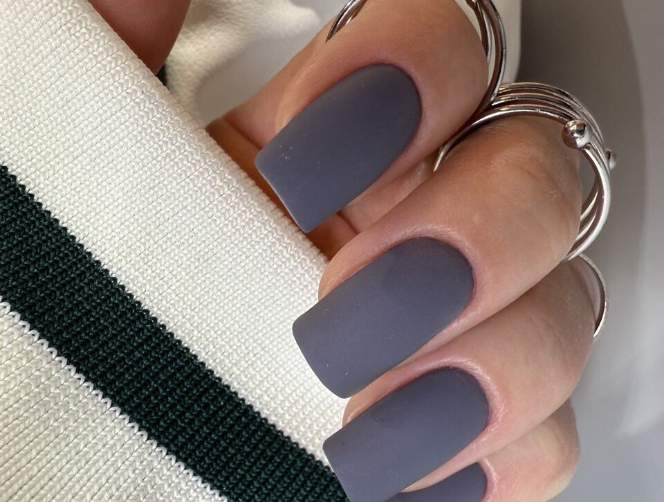 Short square matte gray gel nails with a smooth velvety surface, done using the Russian manicure technique.